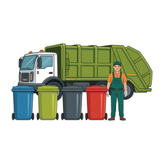 A sanitation worker stands with a garbage truck and four colorful waste bins.
