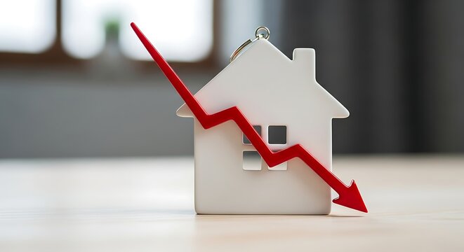 Housing market decline concept with house model and red arrow pointing down