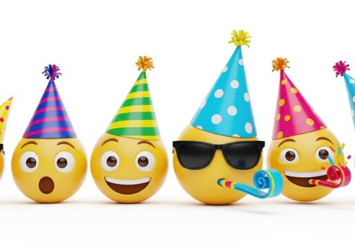 A group of happy emoji faces wearing colorful party hats and blowing party horns, isolated on white background