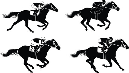Set of black silhouette vector illustrations of jockeys riding galloping race horses, competing in a fast professional equestrian sport.