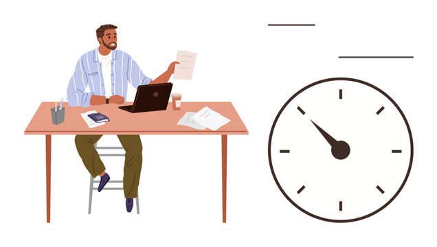 Worker on stool managing documents, laptop, and coffee. Clock emphasizes time management. Ideal for productivity, project management, multitasking, deadlines, task prioritization office workflow