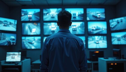 Man oversees logistics transport on screens in dark control center. Security officer monitors trucks using surveillance tech in modern infrastructure. Person controls transport. Logistic specialist