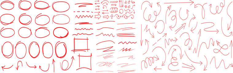 Assortment of red hand-drawn circles squares and arrows