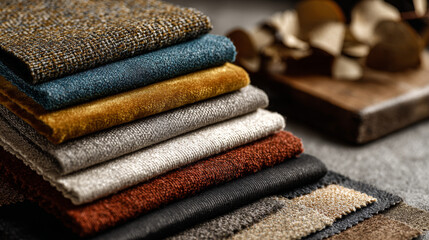 "Furniture textiles for home interiors, featuring soft upholstery fabric samples. A close-up view of a catalog showcasing a cozy collection of velour and bouclé fabrics for furniture."