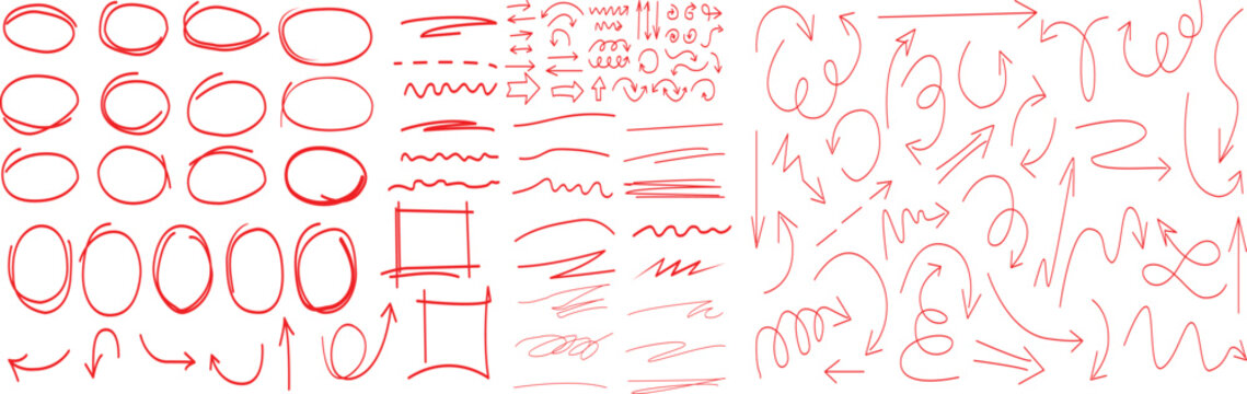 Assortment of red hand-drawn circles squares and arrows