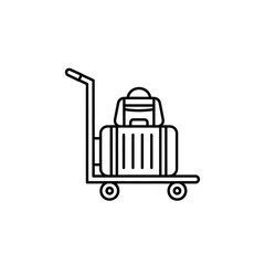 Fototapeta premium Black outline icon of a baggage cart with two stacked suitcases, featuring a ribbed suitcase and a smaller bag.
