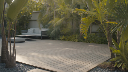 A serene outdoor patio with a circular patterned floor, surrounded by lush tropical plants and comfortable seating, creating a relaxing and inviting space