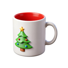 white Christmas mug with green tree print 3D Icon &ndash; Glossy Minimal Emoji Style, Isolated PNG object