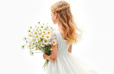Naklejka premium Blonde girl wears white dress holding large daisy bouquet. Flowing hair and dress suggests movement, spring or summer celebration. Innocent child poses happily, looking away from camera.