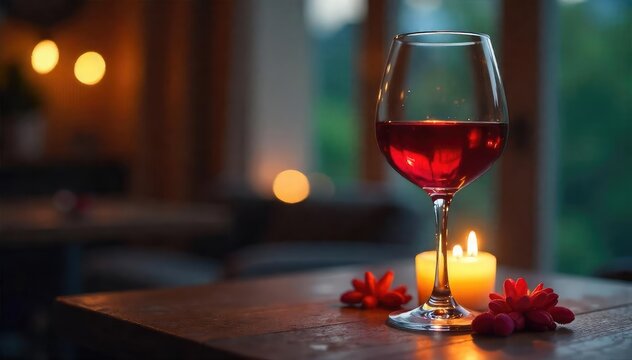 A glass of wine sits on a table beside a lit candle, soft lighting illuminates the scene, creating a tranquil atmosphere perfect for unwinding , unstressed, unwind, alcohol