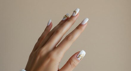 Graceful female hand displaying a beautiful white manicure with intricate gold foil accents against a soft, neutral background