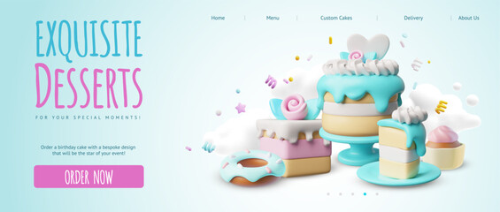 Exquisite desserts 3D cartoon plastic style vector advertising landing page design, festive custom cakes order service