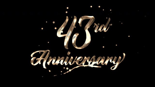 43rd anniversary text animation in golden metallic effect. suitable for celebrating special occasions, invitations, anniversary cards and social media. Includes alpha channel for any background.