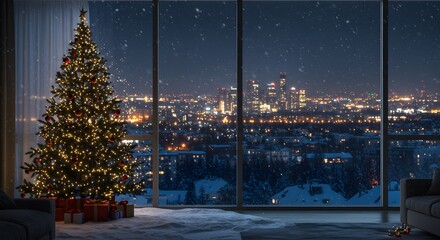 Christmas tree in a modern apartment with city view at night