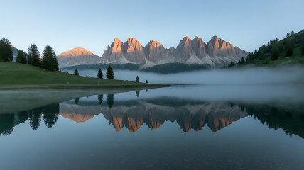 Breathtaking sunrise over the dolomites mountains in italy, with fog rolling over the lake and reflecting the peaks in the crystalclear water, creating a serene landscape