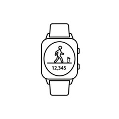 Smartwatch line icon with a pedometer screen showing a walking figure, step count, and a trash can symbol.