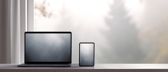 Fototapeta premium 354. laptop and tablet mockup for tech campaign, modern vibe, natural window light, minimal composition, ideal for commercial use
