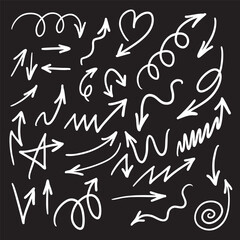 Hand Drawn White Doodle Arrows Set on Black Background