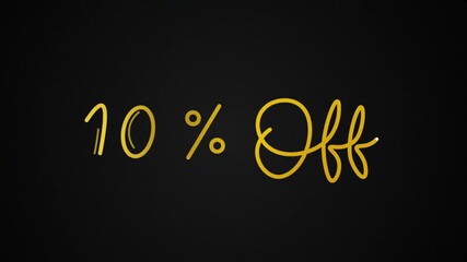 10% offer One line continuous animated typography intro outro, hand drawn calligraphy monoline vintage text on background, aniamted Calligraphy lettering animation video golden type on black backdrop 