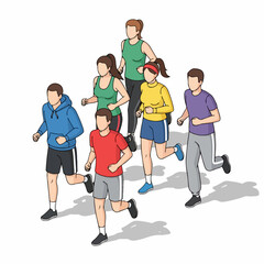 Isometric Crowd of Diverse People Running Together, Sport Team Activity Illustration