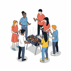 Isometric Illustration People Gathering Around Barbecue Grill Social Picnic Celebration