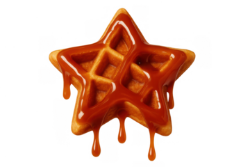 Golden brown star shaped waffle with sweet caramel sauce dripping down, isolated on a transparent background