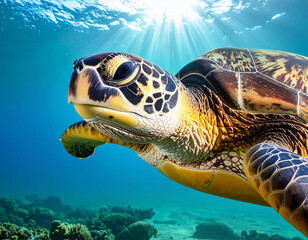 Fototapeta premium Green Sea Turtle Head and Flipper Close-Up in Swimming Motion, Isolated on Transparent Background