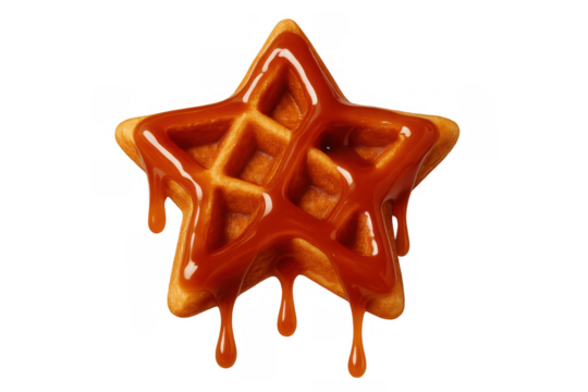 Golden brown star shaped waffle with sweet caramel sauce dripping down, isolated on a transparent background - Powered by Adobe