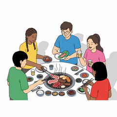 Handdrawn Style Group of Friends Enjoying Korean Barbecue Dinner Illustration