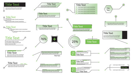 Call outs graphic elements set. Collection of simple line callout titles, hud bars labels with lower and third, window templates with information frames, dashboard menu with text. Vector illustration.