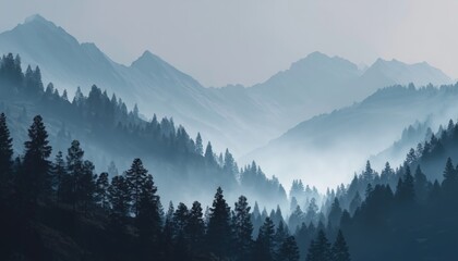 Majestic Mountain Scene Featuring Fog And Towering Pine Trees Set Against A Stunning Backdrop Of Nature'S Beauty.