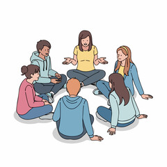 Handdrawn Group Therapy Session Illustration with Diverse Participants in a Circle