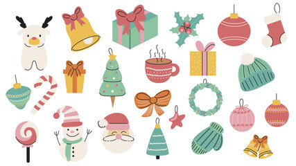 Christmas graphic elements set. Collection of reindeer, bell, gift box, holly, toy ball, stocking, candy cane, tree, cacao cup, hat, snowman, Santa Claus, bow, star, wreath, more. Vector illustration.