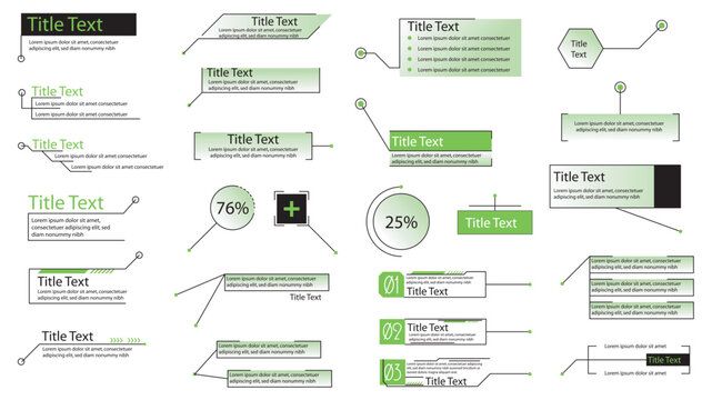 Call outs graphic elements set. Collection of simple line callout titles, hud bars labels with lower and third, window templates with information frames, dashboard menu with text. Vector illustration.