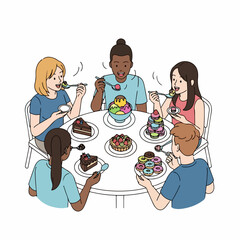 Handdrawn Diverse People Enjoying Cakes and Desserts at Round Table Illustration