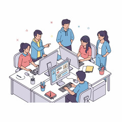 Flat Isometric Team Collaboration Around Desk in the Modern Office