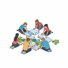 Isometric Handdrawn Group People Solving Jigsaw Puzzle Teamwork Concept Illustration