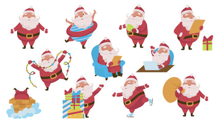 Cute Santa Claus graphic elements set. Collection of holiday mascot playful, holding cup, garland or bag, reading gift list, ice skating, stuck in chimney, emotions expression. Vector illustration.