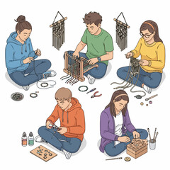 Isometric Diverse Group Creating Crafts and Jewelry in Arts and Crafts Class