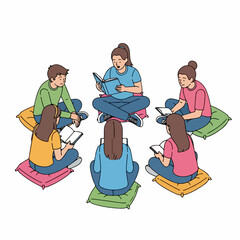 Handdrawn Group of People Reading Books Sitting on Cushions Illustration