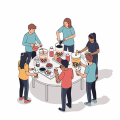 Flat Illustration People Making Boba Tea at Round Table Together