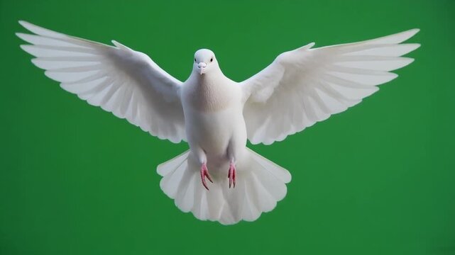 paloma blanca volando en c&aacute;mara lenta sobre un fondo verde chroma key uniforme. La paloma mueve las alas con gracia, mostrando detalles n&iacute;tidos en sus plumas.