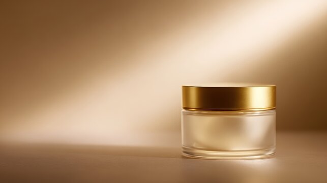 268. cosmetic jar with golden accents and soft glow, editorial style, golden hour tone, ample space for text, ideal for commercial use