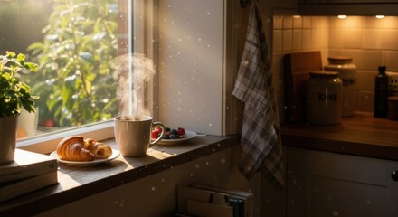 Warm morning light illuminates a cozy kitchen breakfast scene