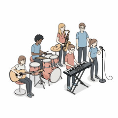 Doodle Style Diverse Group of Young Musicians Playing Musical Instruments Illustration