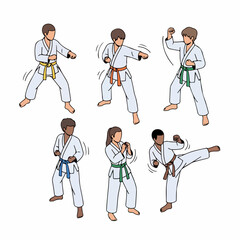 Diverse Handdrawn Karate Student Set in Various Martial Art Poses Training