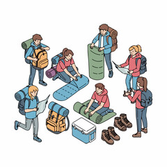 Hand Drawn Style Group of People Preparing for Camping Trip Illustration