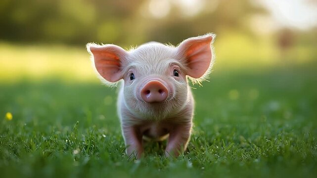 newborn cute pig on grass video