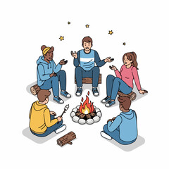 Detailed Handdrawn People Sitting Around Campfire with Stars Illustration