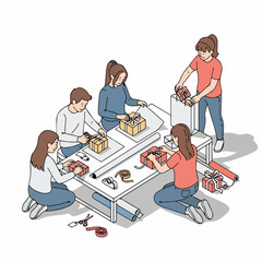 Creative Hand Drawn Gift Wrapping Teamwork Illustration People Making Decoration